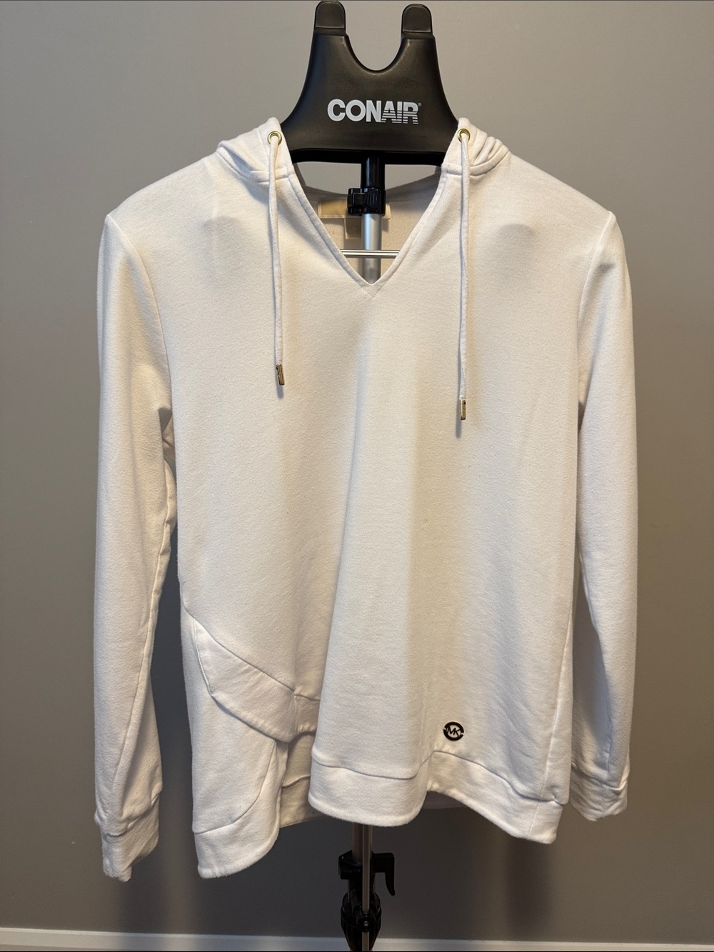 Michael Kors Cream V-Neck Drawstring Hoodie with Gold accents